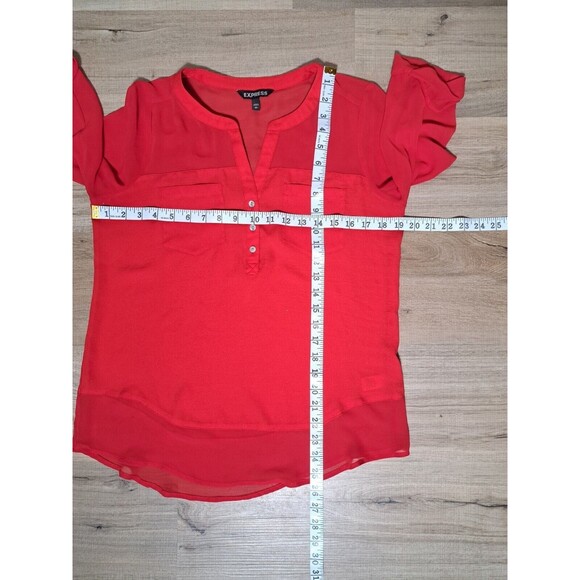 Express Red Blouse Size S Panels Roll up Sleeve Pockets Chic Colorful Career - Picture 7 of 7